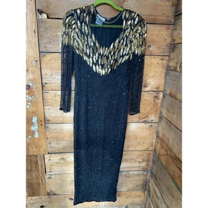 Stenay Vintage Dress Women’s 4P Black Beaded Gold Sequins Glam